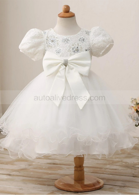 Puff Sleeves Beaded Ivory Lace Tulle Flower Girl Dress